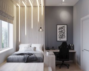 Спальня, дизайн проект, кровать, подиум, письменный стол, дизайн студия Васильевой Дарьи