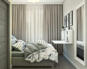 Спальня, дизайн проект, кровать, раскладной туалетный столик, шторы, дизайн студия Васильевой Дарьи