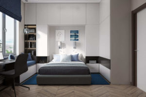 Спальня, дизайн, минимализм, студия васильевой дарьи, стильно, бежевый, синий, мебель на заказ