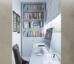 Лоджии, дизайн проект, книжный шкаф, письменный стол и стул, светильники, дизайн студия Васильевой Дарьи