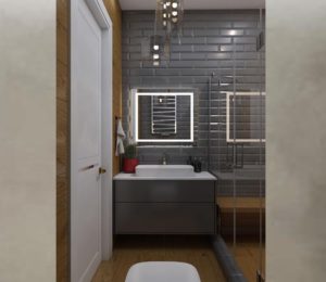Ванная комната, дизайн проект, тумба с раковиной, зеркало, унитаз, полотенцесушитель, душевая, дизайн студия Васильевой Дарьи