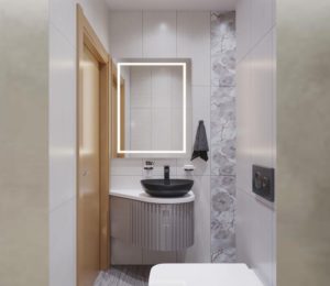 Ванная комната, дизайн проект, тумба с раковиной, зеркало, унитаз, шкафы, встроенная стиральная машина, дизайн студия Васильевой Дарьи