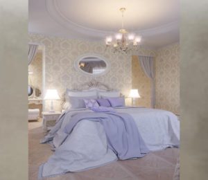 Спальня, дизайн проект, кровать, тумбочки, зеркала, светильники, дизайн студия Васильевой Дарьи