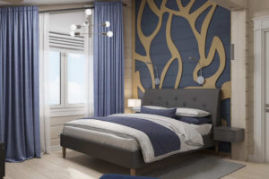Спальня Новолеоново: кровать, тумбочка, светильники, шторы синий, серый интерьер