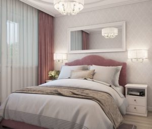 Спальня, дизайн проект, кровать, шкаф, тумбочки, люстра, дизайн студия Васильевой Дарьи