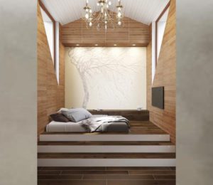 Спальня, дизайн проект, кровать, подиум, банкетка, люстра, дизайн студия Васильевой Дарьи