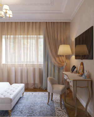 Спальня, дизайн проект, кровать, туалетный столик, шторы, банкетка, дизайн студия Васильевой Дарьи