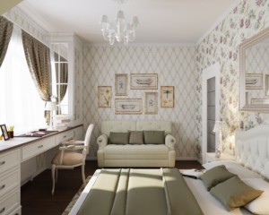 Спальня, дизайн проект, кровать, письменный стол, диван, шторы, дизайн студия Васильевой Дарьи