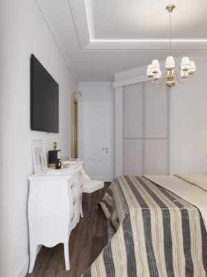 Спальня, дизайн проект, кровать, комод, шторы, люстра, дизайн студия Васильевой Дарьи