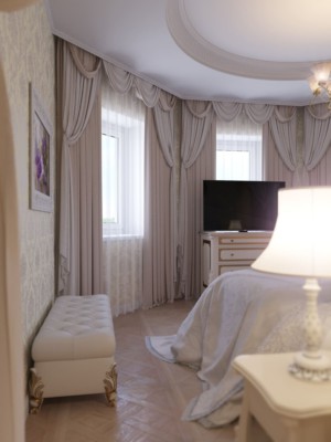 Спальня, дизайн проект, кровать, шторы, банкетка, комод, дизайн студия Васильевой Дарьи