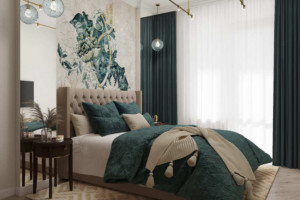 Спальня, дизайн проект, кровать, шторы, панно, дизайн студия Васильевой Дарьи