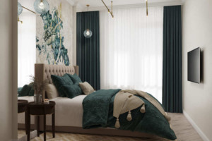 Спальня, дизайн проект, кровать, тумбочки, люстра, шторы, дизайн студия Васильевой Дарьи